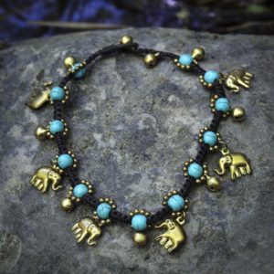 Brass Bracelet Turquoise-color Gems Beaded Jewelry - Thai Elephant Charm